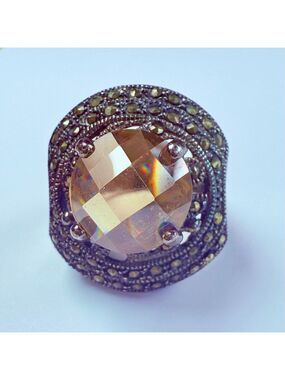 Art Deco Revival 5.5 CT Champagne Orange Quartz & Marcasite Sterling Silver Ring
